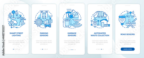 Smart city infrastructure blue onboarding mobile app page screen. City structures walkthrough 5 steps graphic instructions with concepts. UI, UX, GUI vector template with linear color illustrations