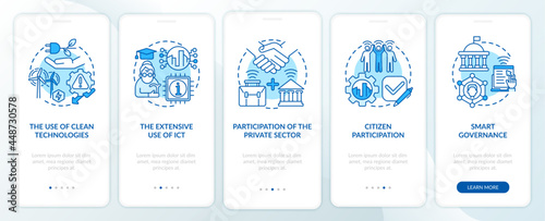 Tools of smart city management onboarding mobile app page screen. Smart systems walkthrough 5 steps graphic instructions with concepts. UI, UX, GUI vector template with linear color illustrations