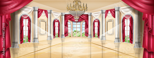 Palace interior vector background, castle hall, classic ballroom illustration, arch window, marble column. Luxury wedding banquet room, gallery apartment, golden chandelier. Vintage palace interior