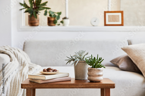 Creative composition of stylish and cozy living room interior with grey corner sofa, window, plants on coffee table and personal accessories. Beige neutral colors. Details. Template.