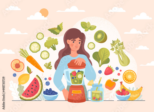 Girl preparing vegan cocktail. Green smoothie, healthy diet cocktail for slimming. Detox food and drink. Organic and vitamin beverage. Blending of raw ingredients. Flat cartoon vector illustration