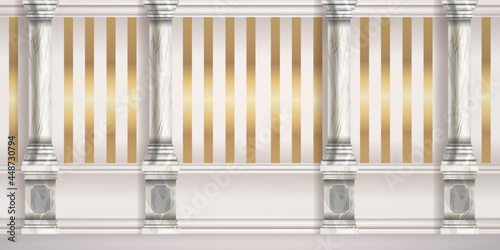 Marble roman pillar background, vector palace wall, golden stripe tapestry, classic column illustration. Luxury Greek room, vintage interior backdrop, architecture decor. Antique pillar background photo
