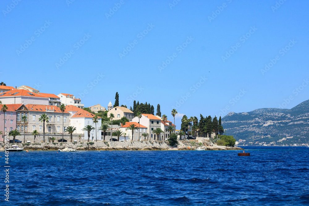 The sea view of Korcula town in sunny summer day, Korcula island, Croatia, Adriatic sea
