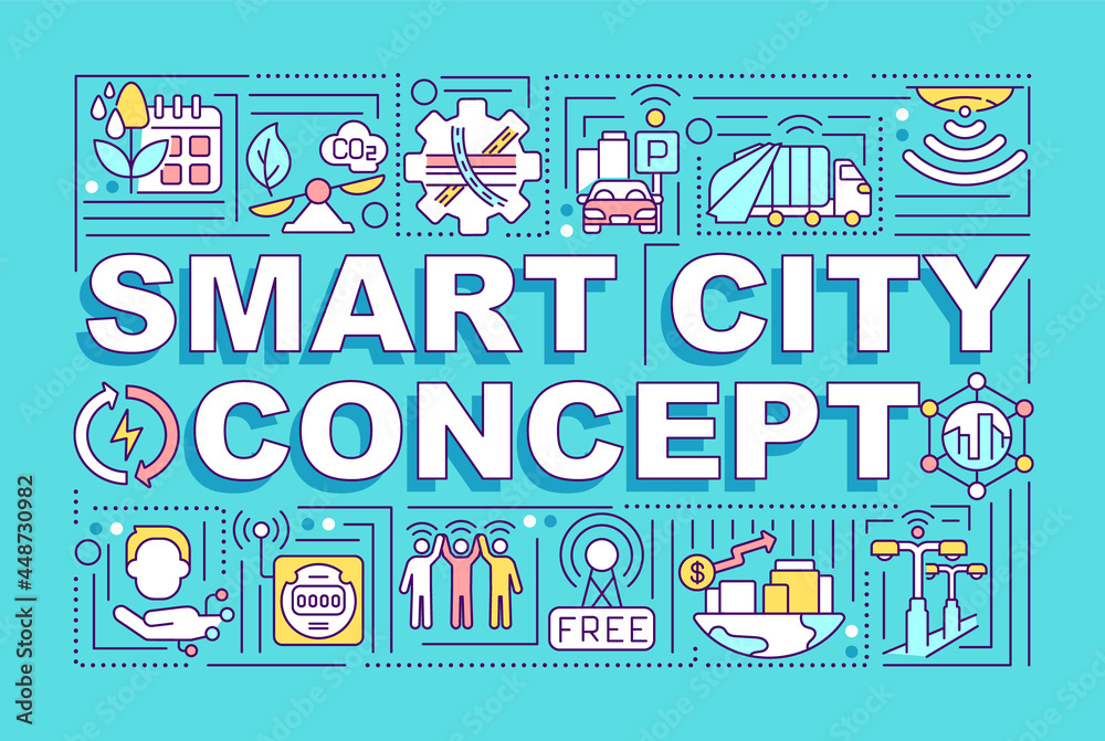 Smart city word concepts banner. Intelligent city control system. Infographics with linear icons on blue background. Isolated creative typography. Vector outline color illustration with text