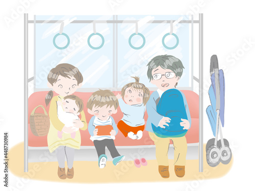 電車に乗る家族