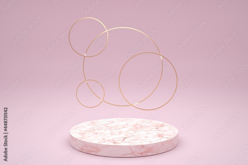3D Rendering Scene Circle White Pink Marble Podium Display with Golden Circle Frames Behind on The Pale Pink Background Design. 3D Rendering Scene Circle White Pink Marble Podium Display with Golden Circle Frames Behind on The Pale Pink Background Design.