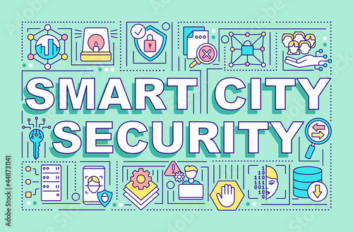 Smart city security word concepts banner. Avoid cyberattacks on servers. Infographics with linear icons on blue background. Isolated creative typography. Vector outline color illustration with text