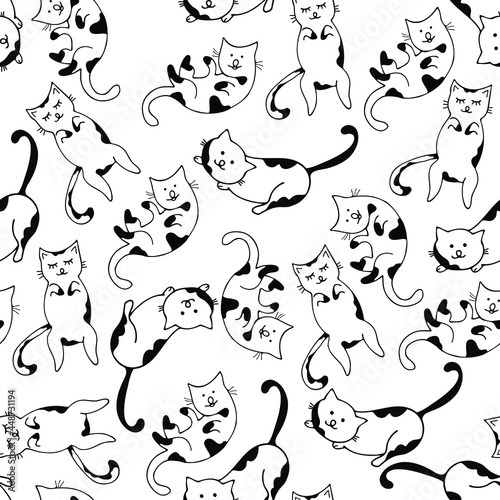 Funny vector seamless pattern with hand drawn difference cats  paws  naive childish ornament. Doodle pattern for printing on fabric  clothing  wrapping paper  wallpaper for a kid s room  baby things