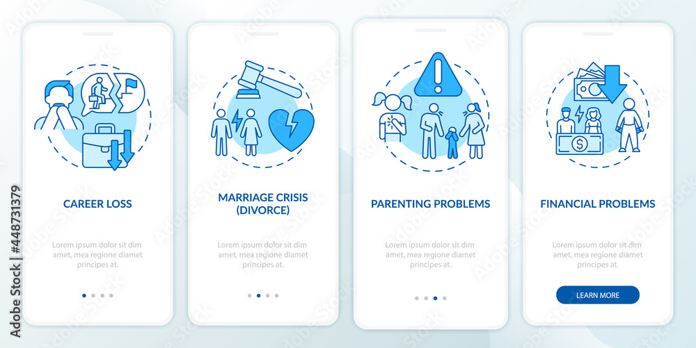 Financial problems onboarding mobile app page screen. Midlife crisis walkthrough 4 steps graphic instructions with concepts. UI, UX, GUI vector template with linear color illustrations