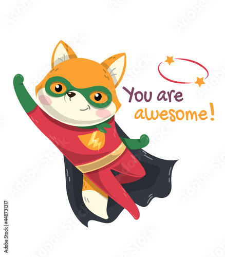 Little flying fox Super Hero wearing red costume, black cape and mask with fist raised and text - You Are Awesome - colored flat cartoon vector illustration isolated on white background