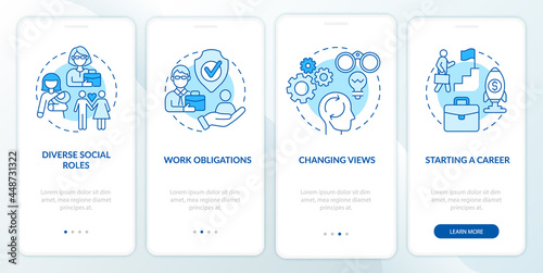 Starting a career onboarding mobile app page screen. Changing views walkthrough 4 steps graphic instructions with concepts. UI, UX, GUI vector template with linear color illustrations