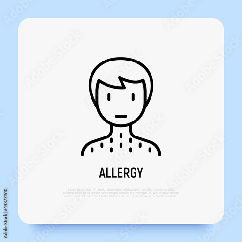 Man with rash thin line icon. Allergy symptom, dermatitis, itching. Modern vector illustration.
