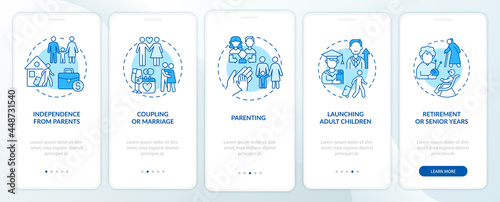 Independence from parents onboarding mobile app page screen. Coupling and marriage walkthrough 5 steps graphic instructions with concepts. UI, UX, GUI vector template with linear color illustrations