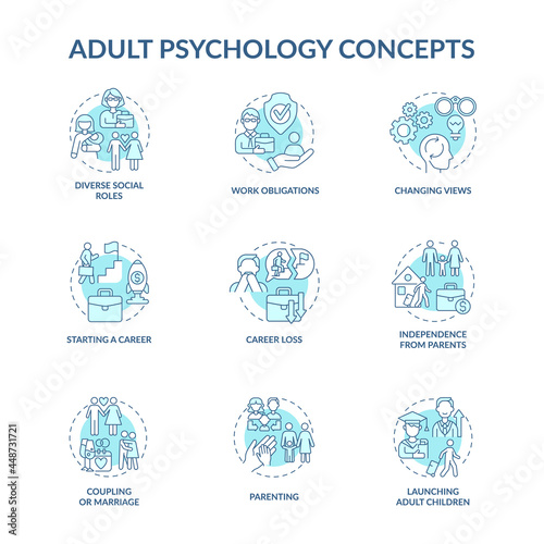 Adult psychology blue concept icons set. Maturity problem. Starting a career. Launching adult children idea thin line color illustrations. Vector isolated outline drawings. Editable stroke