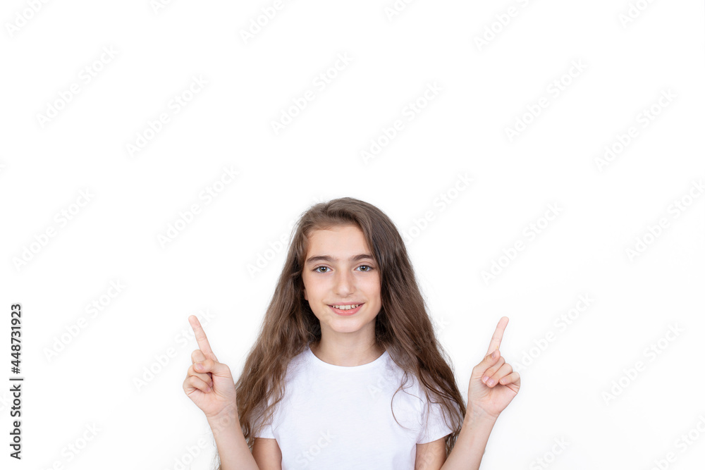 little girl pointing fingers at copy space isolated on white background
little girl pointing fingers at copy space isolated on white background