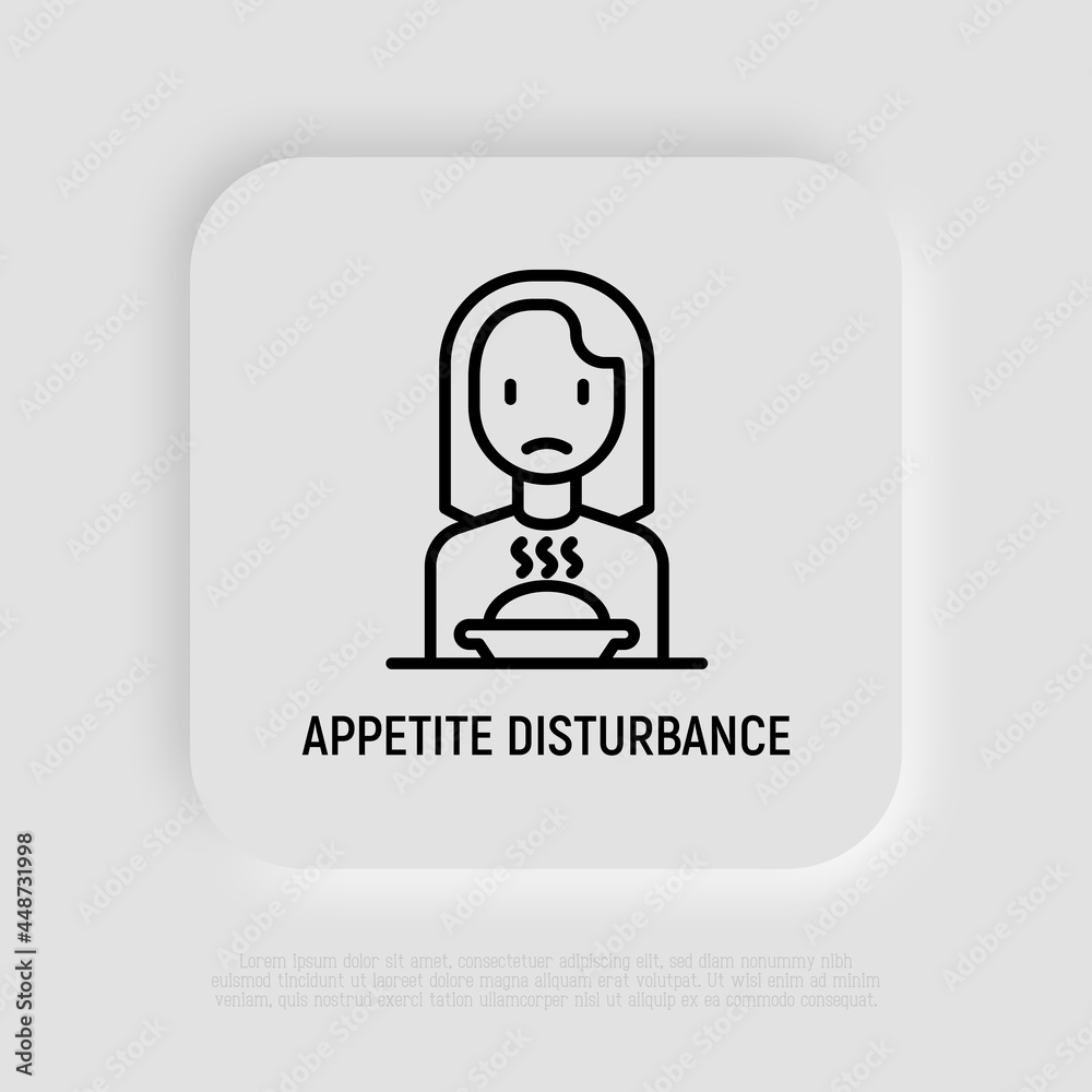 Loss of appetite thin line icon: sad woman sitting in front of plate. Vector illustration of neurosis symptom, depression. Loss of appetite thin line icon: sad woman sitting in front of plate. Vector illustration of neurosis symptom, depression.