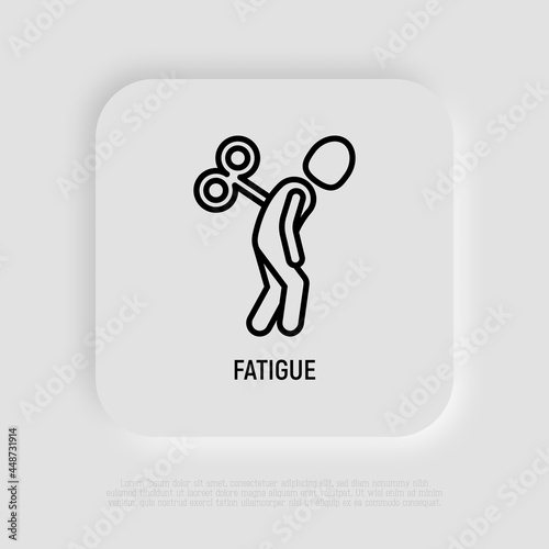 Fatigue, emotional burnout thin line icon: tired man with clockwork key in his back. Low energy, overworked. Vector illustration of depression, neurosis, chronic tiredness.