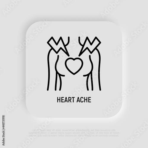 Heart ache thin line icon. Heart attack. Infarction, diseased heart, stress, arrhythmia. Woman body. Vector illustration.