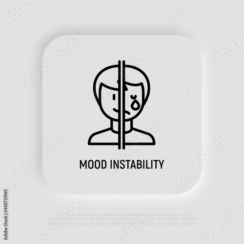 Bipolar disorder, mood instability thin line icon. Mental illness. One half of face is happy, other is crying. Vector illustration.