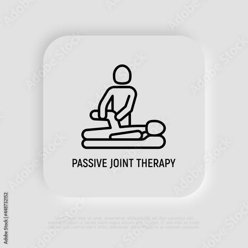 Massage, passive joint therapy thin line icon, physiotherapist warms up knee of man. Physiotherapy, rehabilitation. Modern vector illustration.