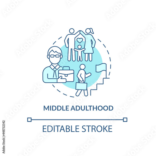 Middle adulthood development concept icon. Lifecycle process. Family creation and career-ladder abstract idea thin line illustration. Vector isolated outline color drawing. Editable stroke