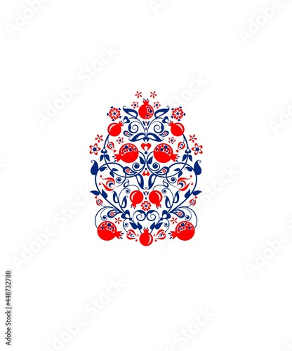 Beautiful floral ethnic red  ornamental border with abstract pomegranate tree, fruit and flowers for greeting card, wedding invitation, embroidery, fashion print and Nowruz celebration