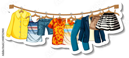 A sticker template of Clothes racks with many clothes on hangers on white bac...