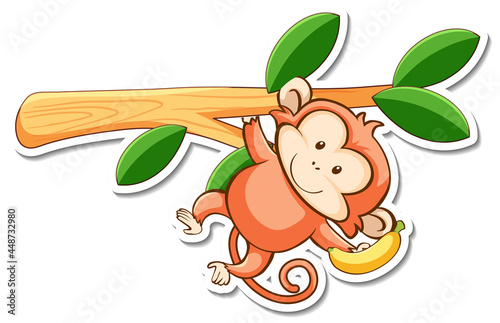 Cartoon character of cute monkey hanging on a branch sticker