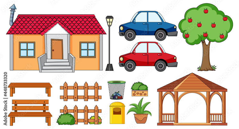 Naklejka premium A house with outdoor decoration set isolated