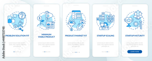 Startup lifecycle phases blue onboarding mobile app page screen. Business launch walkthrough 5 steps graphic instructions with concepts. UI, UX, GUI vector template with linear color illustrations