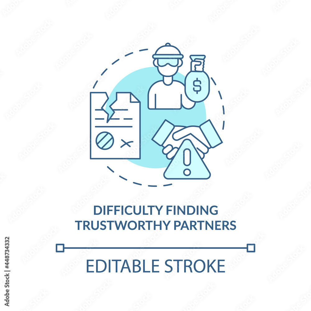 Difficulty finding trustworthy partner blue concept icon. Risk of finance fraud. Startup launch challenges abstract idea thin line illustration. Vector isolated outline color drawing. Editable stroke Difficulty finding trustworthy partner blue concept icon. Risk of finance fraud. Startup launch challenges abstract idea thin line illustration. Vector isolated outline color drawing. Editable stroke