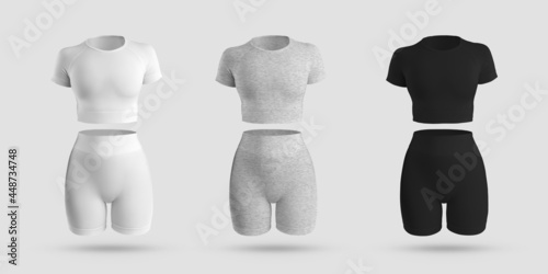Mockup crop top, cycling shorts, compression suit 3D rendering in white, black, gray heather, isolated on background