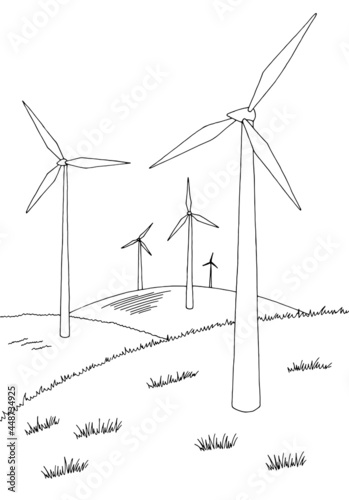 Windmills graphic black white landscape vertical sketch illustration vector 