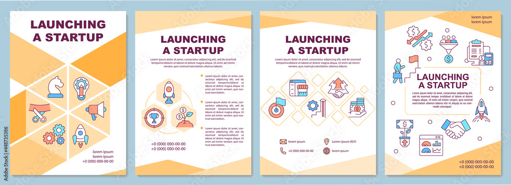 Launching startup brochure template. Business development. Flyer, booklet, leaflet print, cover design with linear icons. Vector layouts for presentation, annual reports, advertisement pages