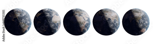 Planet earth 3d rendering set. Map and globe illustration geography template. Isolated on a white background.