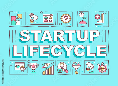 Startup lifecycle word concepts banner. Phases for business progress. Infographics with linear icons on turquoise background. Isolated creative typography. Vector outline color illustration with text
