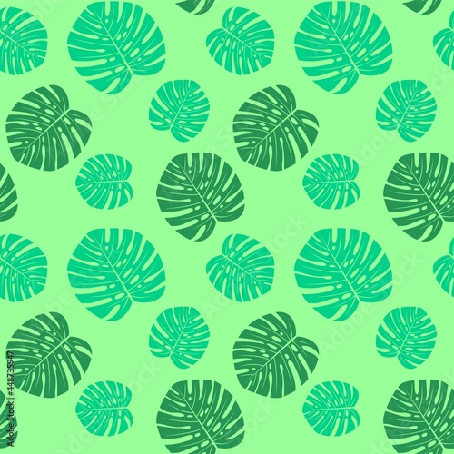 Seamless mint color tropical pattern with monstera leaves. Vector fashion design for textile print and stylish wallpaper
