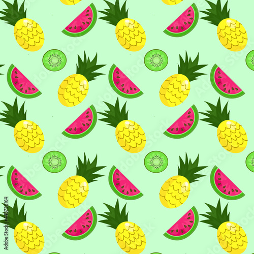 Vector background of watermelon, pineapple, kiwi. Seamless pattern of watermelons, pineapples, kiwis. Vector background. Cute seamless vector pattern with watermelons, pineapples and kiwis. photo