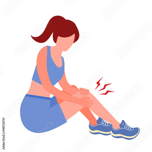 Leg pain concept vector illustration on white background. Sport woman feel hurt in leg. Muscle or bone problem.