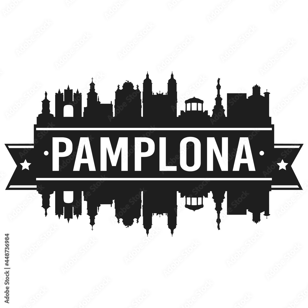 Pamplona, Navarre, Spain Skyline. Banner Vector Design Silhouette Art. Cityscape Travel Monuments.