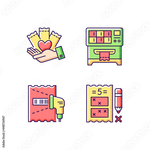 Playing lotto games RGB color icons set. Charity gambling. Lottery ticket vending machine. Scanning draw results. Five digit game. Isolated vector illustrations. Simple filled line drawings collection