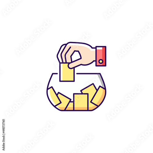 Raffle RGB color icon. Gambling competition. Choosing random numbered ticket from container. Winning cash chance. Prize giveaway. Tickets sale. Isolated vector illustration. Simple filled line drawing