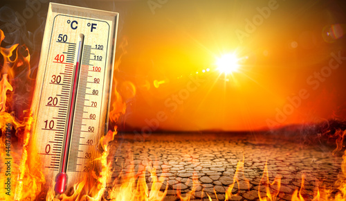 Vászonkép Heatwave With Warm Thermometer And Fire - Global Warming And Extreme Climate - E