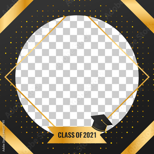 class of 2021 graduation banner design with golden luxury halftone backdrop decorations