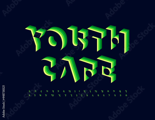Vector trendy emblem Youth Cafe. Green layered Font. Abstract style Alphabet Letters and Numbers set