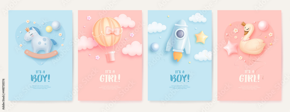 Set of baby shower invitation with cartoon horse, swan, rocket and hot air balloon on blue and pink background. It's a boy. It's a girl. Vector illustration