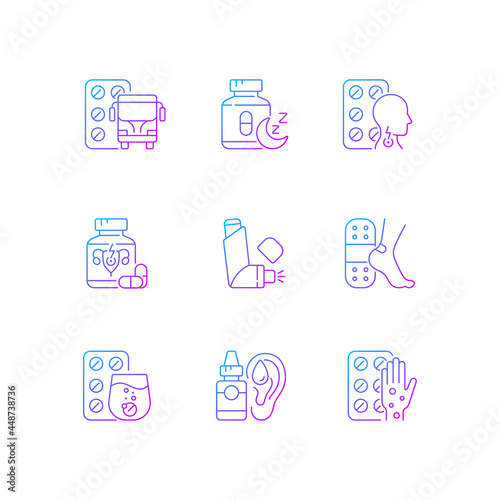 Pharmaceutical drugs gradient linear vector icons set. Treat motion sickness. Sleep aid. Lozenges for sore throat. Thin line contour symbols bundle. Isolated vector outline illustrations collection