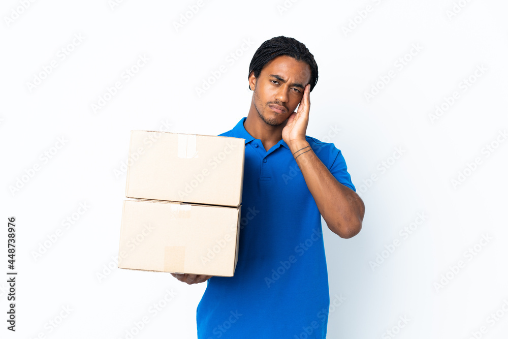 Delivery African American man with braids isolated on white background with headache Delivery African American man with braids isolated on white background with headache