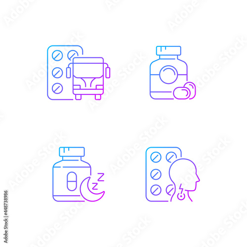Maintaining life quality gradient linear vector icons set. Motion sickness treatment. Soft gelatin capsules. Thin line contour symbols bundle. Isolated vector outline illustrations collection