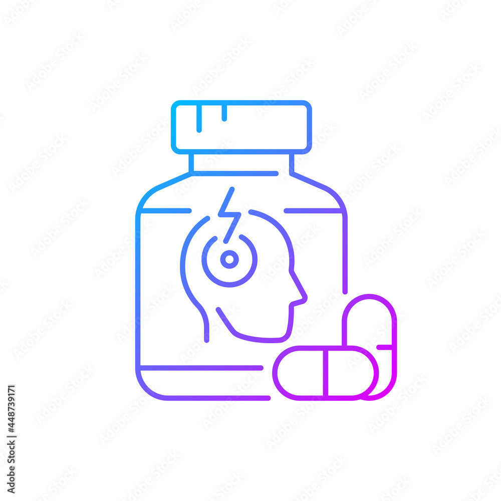 Pills for headache gradient linear vector icon. Pain reliever. Migraine medication. Chronic pain treatment. Thin line color symbols. Modern style pictogram. Vector isolated outline drawing Pills for headache gradient linear vector icon. Pain reliever. Migraine medication. Chronic pain treatment. Thin line color symbols. Modern style pictogram. Vector isolated outline drawing
